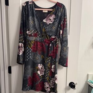 Everly Gray and Red Floral Long Sleeve Dress